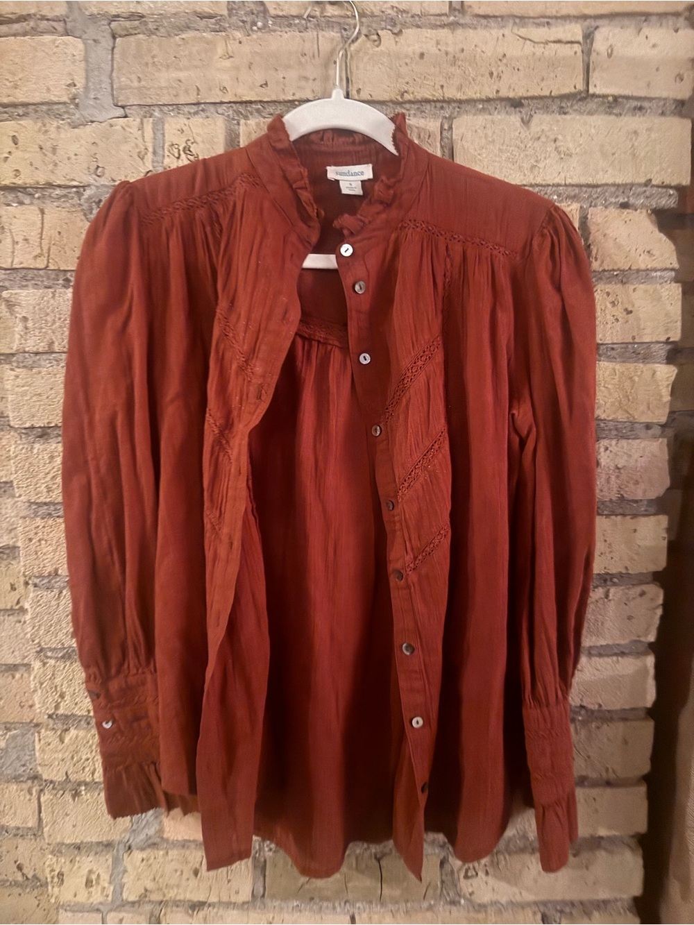 Sundance Rust-Orange Button Front Blouse with Lace Trim